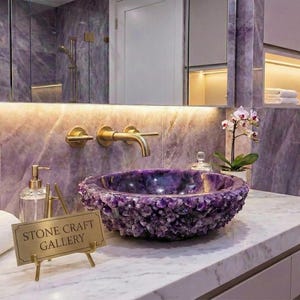 May include: A luxurious bathroom sink made of amethyst stone. The sink is a deep purple color with a textured, crystalline exterior. Gold-toned faucet fixtures and a sign that reads "STONE CRAFT GALLERY" are also visible.