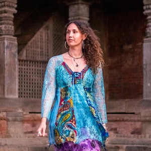 Boho Spitzen Patchwork Top | Festival Pixie Elfen Tunika | Psychedelische Hippie Kleidung | Boho Mesh Batik Shirt | Göttin Top