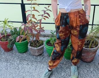 Patchwork Sun and Moon Trousers | Hippie Festival Trousers | Baggy Loose Comfortable Trousers | Orange Green Purple