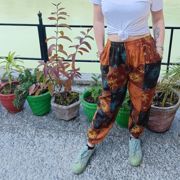 Patchwork Sun and Moon Trousers | Hippie Festival Trousers | Baggy Loose Comfortable Trousers | Orange Green Purple