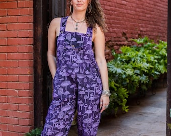Funky Mushroom Dungarees – Stonewashed Cotton Overalls – Festival Jumpsuit – Boho Unisex Clothing – Blue Purple Red Orange – S/M & L/XL