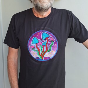 Funky Embroidery Black T-shirts, Sun Dope Man Mandala Magic Mushroom Tree of Life Magic Mushroom