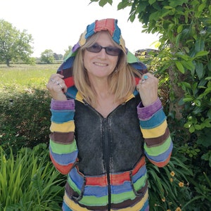 Colourful Stonewsh Rainbow Multicolour Hoodies, Pixie Hood, Hoody Zip Up Jacket Hoodie, Hippy Boho Funky, Black Purple Blue Black