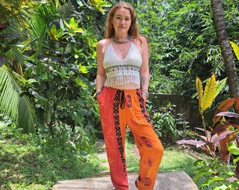 Bali Batik Loose Trousers, Funky Fun Festival Trousers, Hippy Pants, One Size, orange purple blue