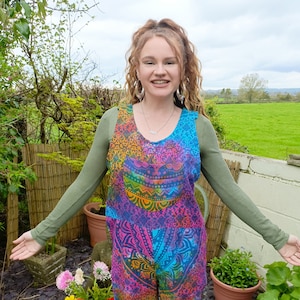 Funky Colourful Tie Dye Mandala Jumpsuit, Festival Dungarees Overalls, 8 10 12 14 16 Hippie Boho Comfty Crazy Jumpsuit