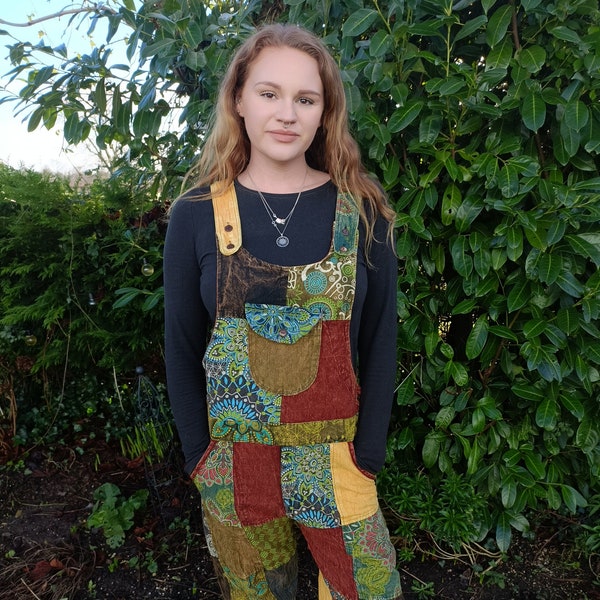 Colourful Hippie Patchwork Dungarees, Funky Festival Overalls, One Size 8 10 12UK