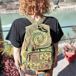 Spiral Patchwork Backpack, Cotton Stonewash Flower Rucksack, Hippy Bohemian, Pink Green Blue Purple image 10