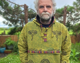 Olive Green Block Print Festival Hoodie – Stonewashed Cotton Pullover