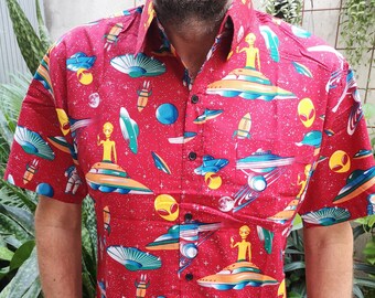 Funky Graphic Spacey Alien Short Sleeve Shirts, Cool Cotton Summer Hipster Shirts, Space Galaxy Print Pattern Shirts