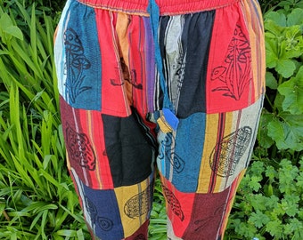 Men + Women's Heavy Cotton Patchwork Cargo Trousers, Patchwork Pants Block Print Symbols, Hippy Boho, S M L XL XXL
