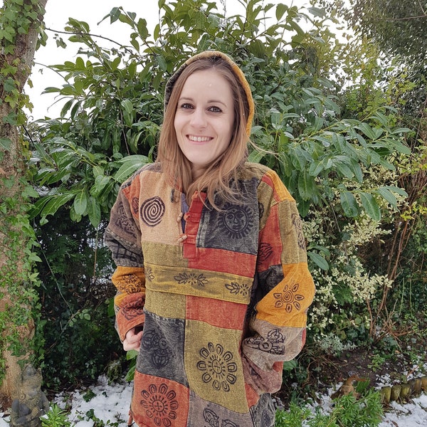 Men and Women's Heavy Cotton Colourful Patchwork Hoody |  Pullover | Block Print Symbols | Earth Tone Colours | Hippy Hoody | M L XL XXL