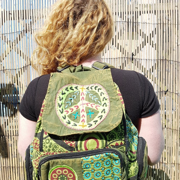 Peace Patchwork Backpack, Cotton Stonewash Flower Rucksack, Hippy Bohemian, Red Blue Pink Purple