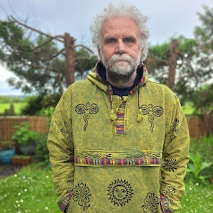 Olive Green Block Print Festival Hoodie – Stonewashed Cotton Pullover