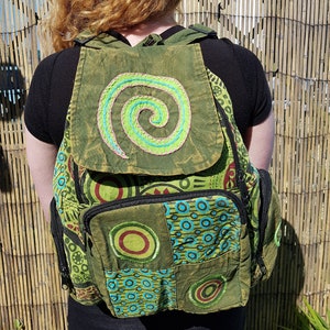 Spiral Patchwork Backpack, Cotton Stonewash Flower Rucksack, Hippy Bohemian, Pink Green Blue Purple image 6