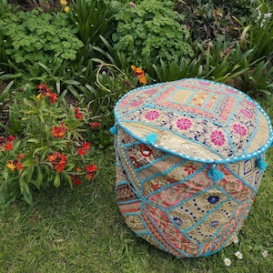 Sequin embroidery pouffe cover, foot stall, Hand embroidered, round ottoman cover, pouffe cover, indian hippy sequin