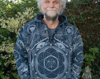 Fleece Lined Flower of Life Hoody, Sacred Geometry Boho Festival Pullover