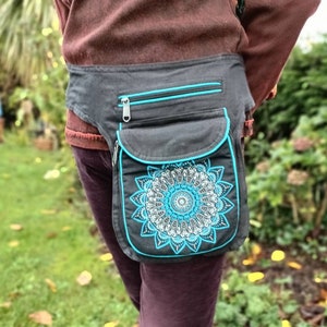 Colourful Spiral Mandala Design Pouch Bum Bag, Money Belt, Bright Spiral Pattern, Pixie Belt, Purple Green, Hippie Boho Festival