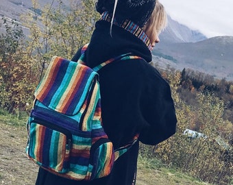 Large Rainbow Backpack, Bright Stripe Multicolour Rucksack, Hippy Boho Festival