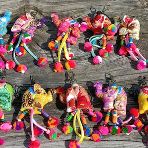 Handmade Elephant Keychain, Colouful Funky Gift, Thai Hmong Style Elephant Gift, Elephant Keyring