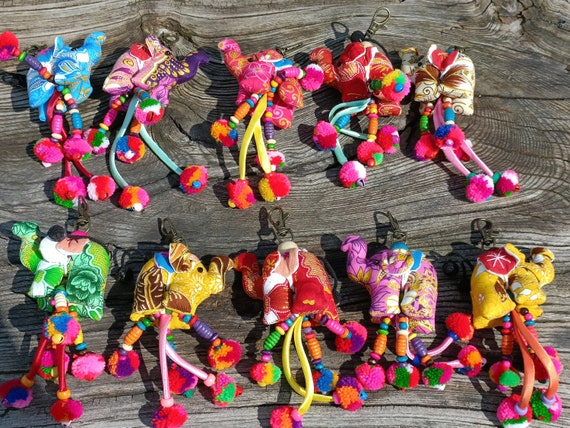Handmade Elephant Keychain Colouful Funky Gift Thai Hmong Style