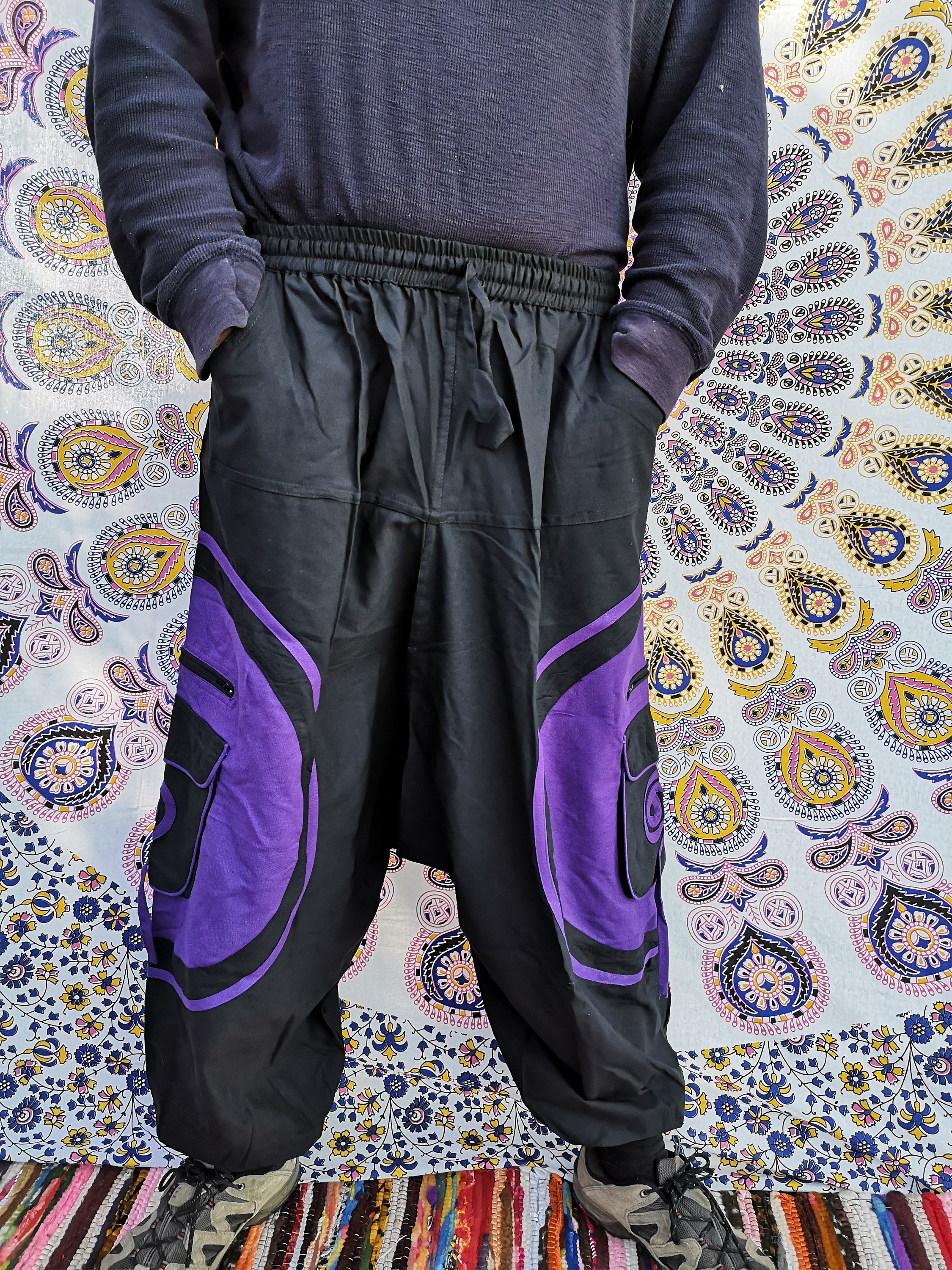 Image of Funky Harem Trousers/Pants Colourful Rave Parachute Pants, Hippie Festival Neon Trousers, Aladdin
