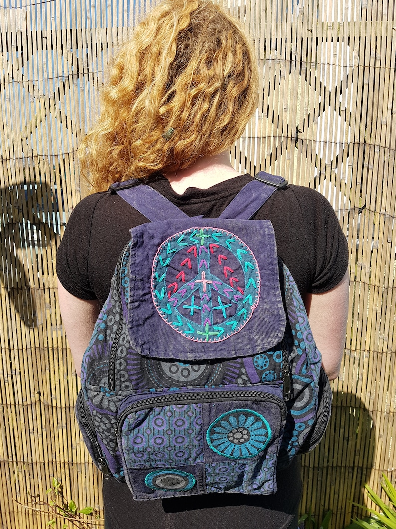 Peace Patchwork Backpack Cotton Stonewash Flower Rucksack Etsy