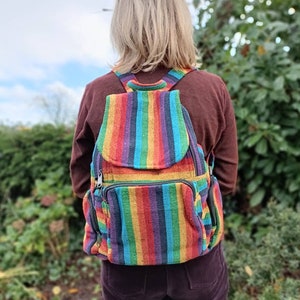 Rainbow Large Backpack, Bright Stripe Multicolour Rucksack, Hippy Boho Festival