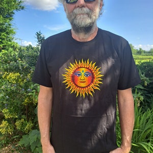 Funky Embroidery Black T-shirts, Sun Dope Man Mandala Magic Mushroom Tree of Life Sun