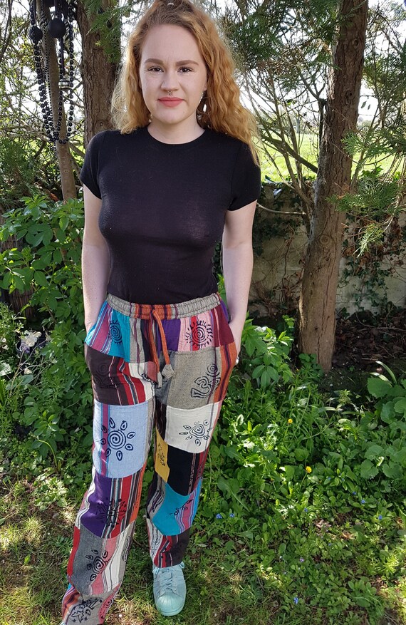 Block Print Symbols Women/'s Heavy Cotton Patchwork Trousers Hippy Boho Men