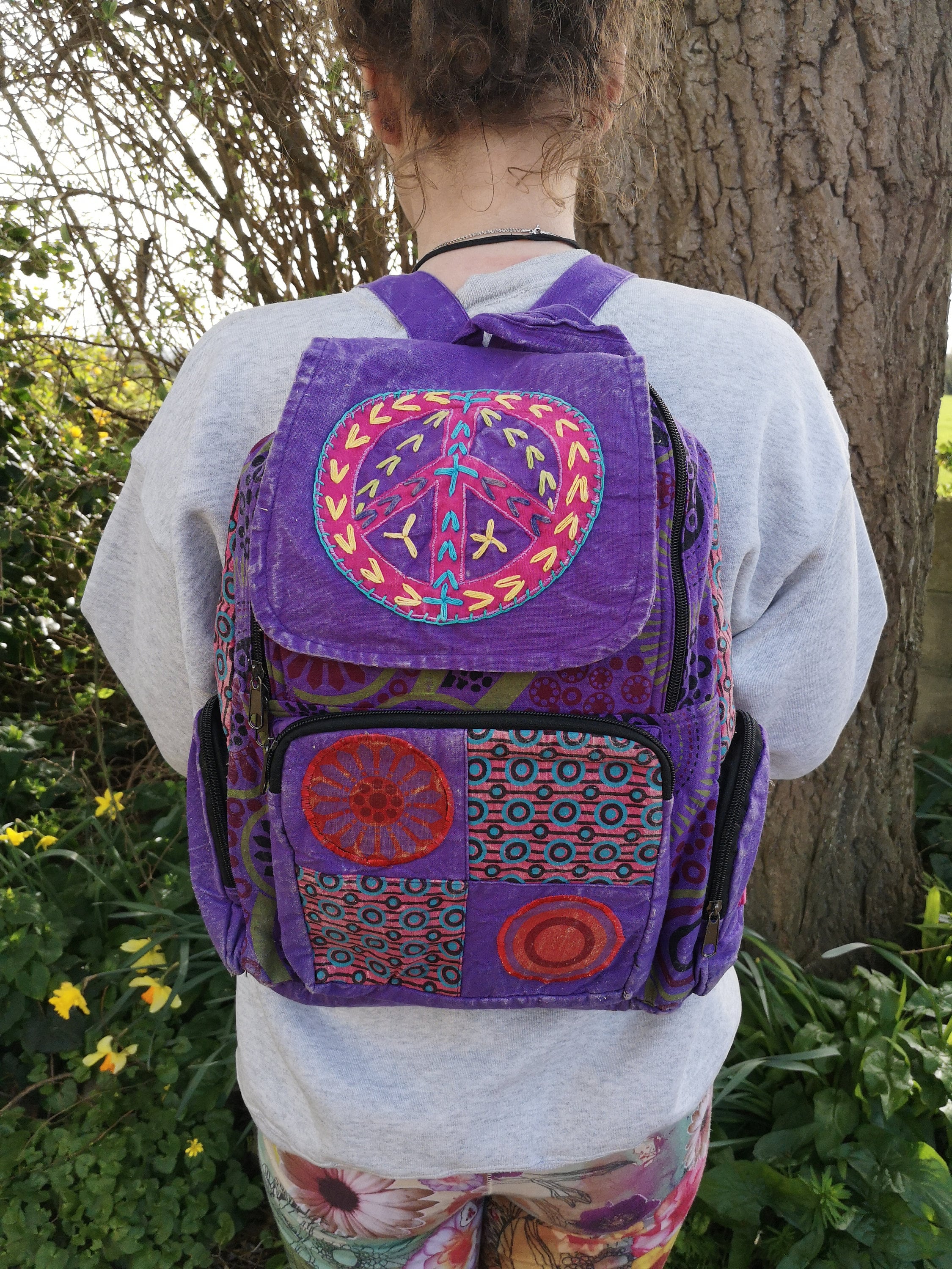 Peace Patchwork Backpack, Cotton Stonewash Flower Rucksack, Hippy Bohemian,  Red Blue Pink Purple 