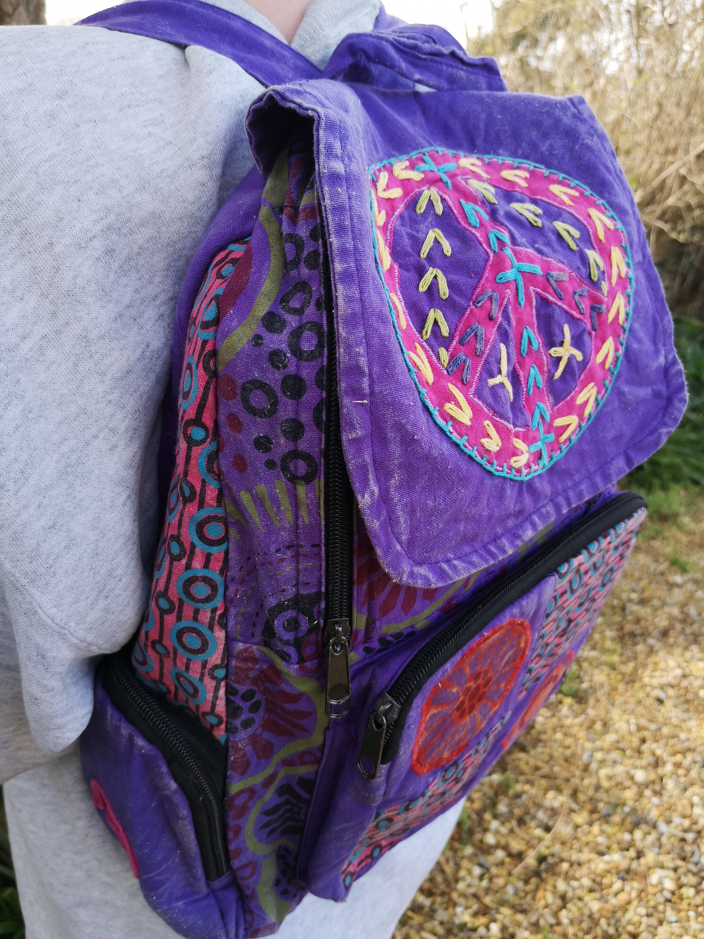 Peace Patchwork Backpack, Cotton Stonewash Flower Rucksack, Hippy Bohemian,  Red Blue Pink Purple 