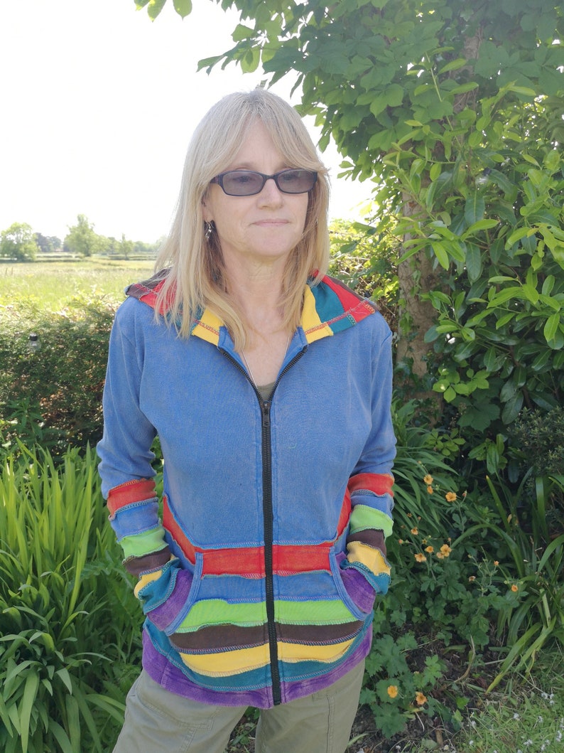 Colourful Stonewsh Rainbow Multicolour Hoodies, Pixie Hood, Hoody Zip Up Jacket Hoodie, Hippy Boho Funky, Black Purple Blue Blue