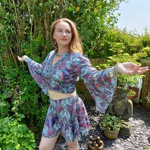 Ladies Paisley Co - Ord | Wrap Tops | Shorts | Bell Sleeves | 70s Paisley Floral | Tie Top | Hippy Boho | Twin Set | 2 Piece Set
