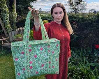Large Indian Floral Quilted Tote Bag | Cotton Block Print Shoulder Bag