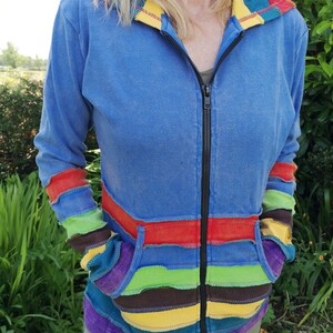 Colourful Stonewsh Rainbow Multicolour Hoodies, Pixie Hood, Hoody Zip Up Jacket Hoodie, Hippy Boho Funky, Black Purple Blue image 5