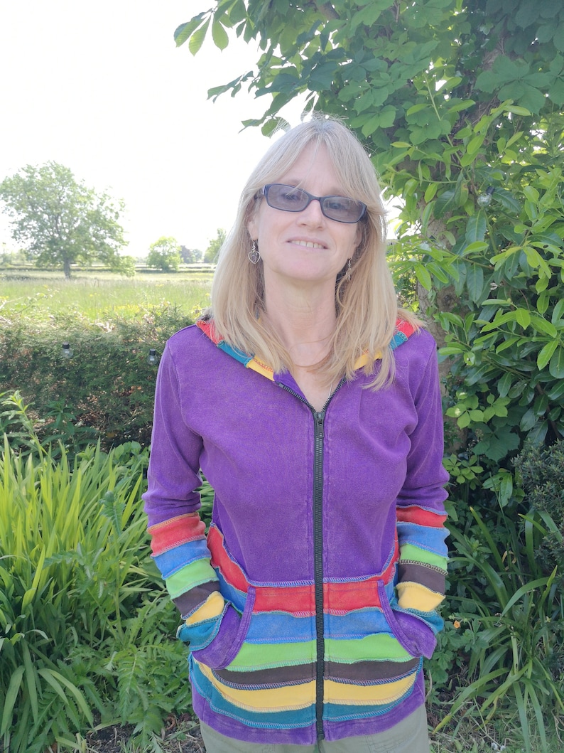 Colourful Stonewsh Rainbow Multicolour Hoodies, Pixie Hood, Hoody Zip Up Jacket Hoodie, Hippy Boho Funky, Black Purple Blue Purple