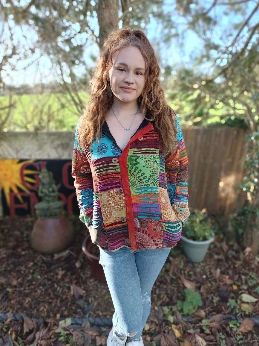 Men + Women's Patchwork Slash Jacket, Earth Tone Button up