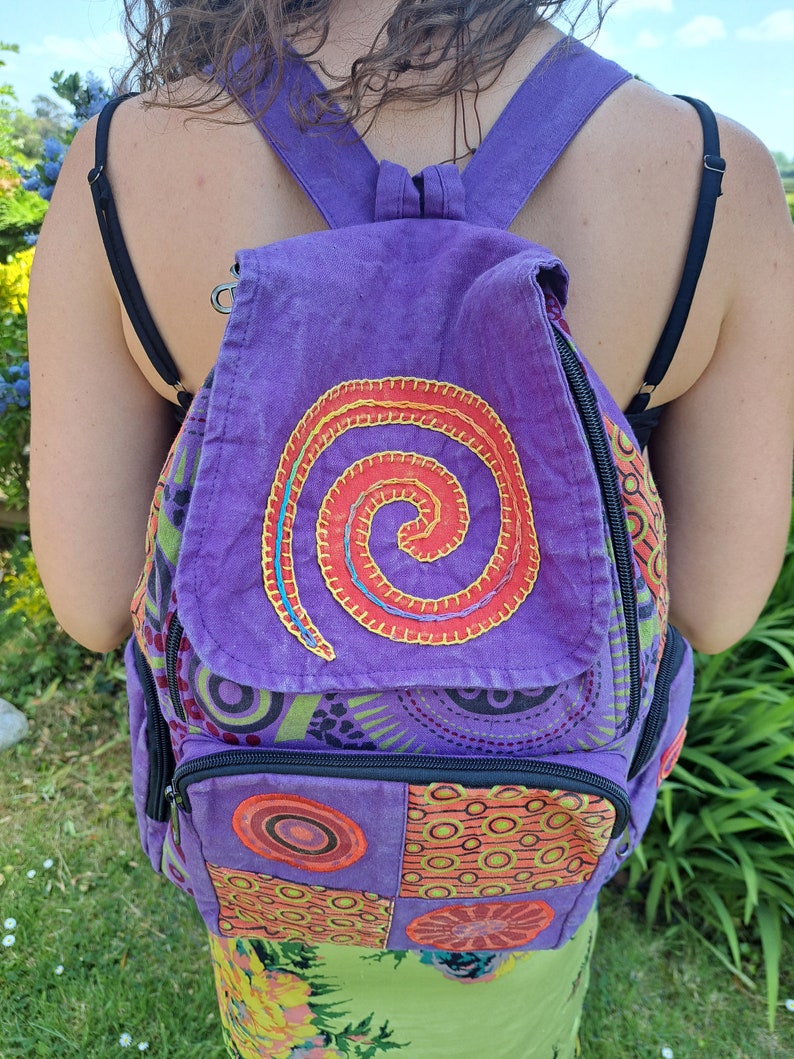 Spiral Patchwork Backpack, Cotton Stonewash Flower Rucksack, Hippy Bohemian, Pink Green Blue Purple image 3