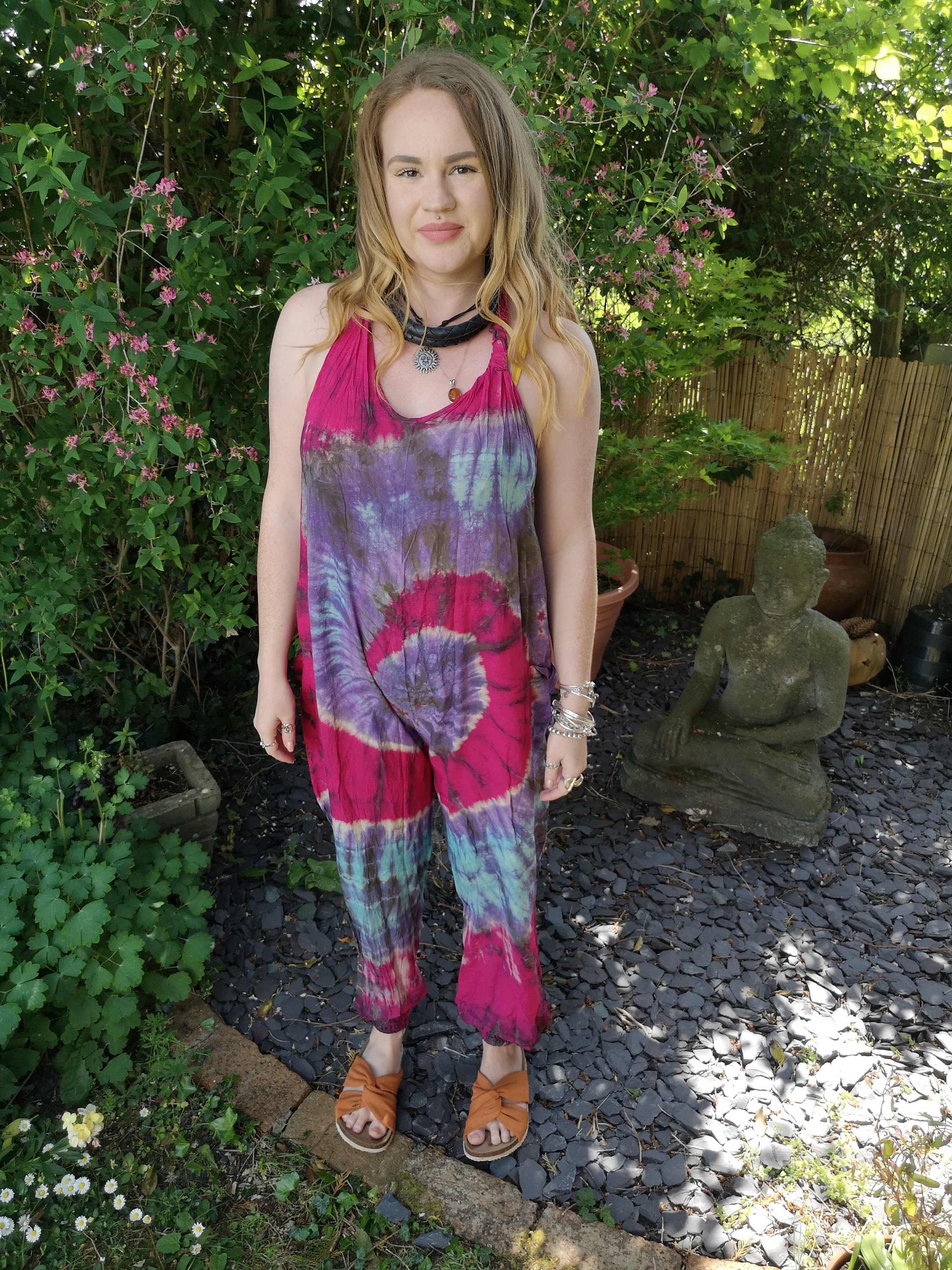 Image of Full Length Tie Dye Jumpsuit Romper, Dungarees Dip Colourful Overalls, Hippy Boho Festival, Bright Rainbow,