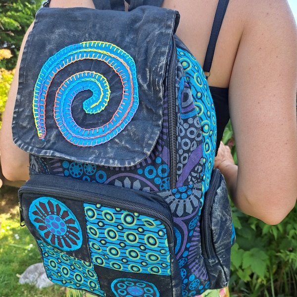 Spiral Patchwork Backpack, Cotton Stonewash Flower Rucksack, Hippy Bohemian, Pink Green Blue Purple