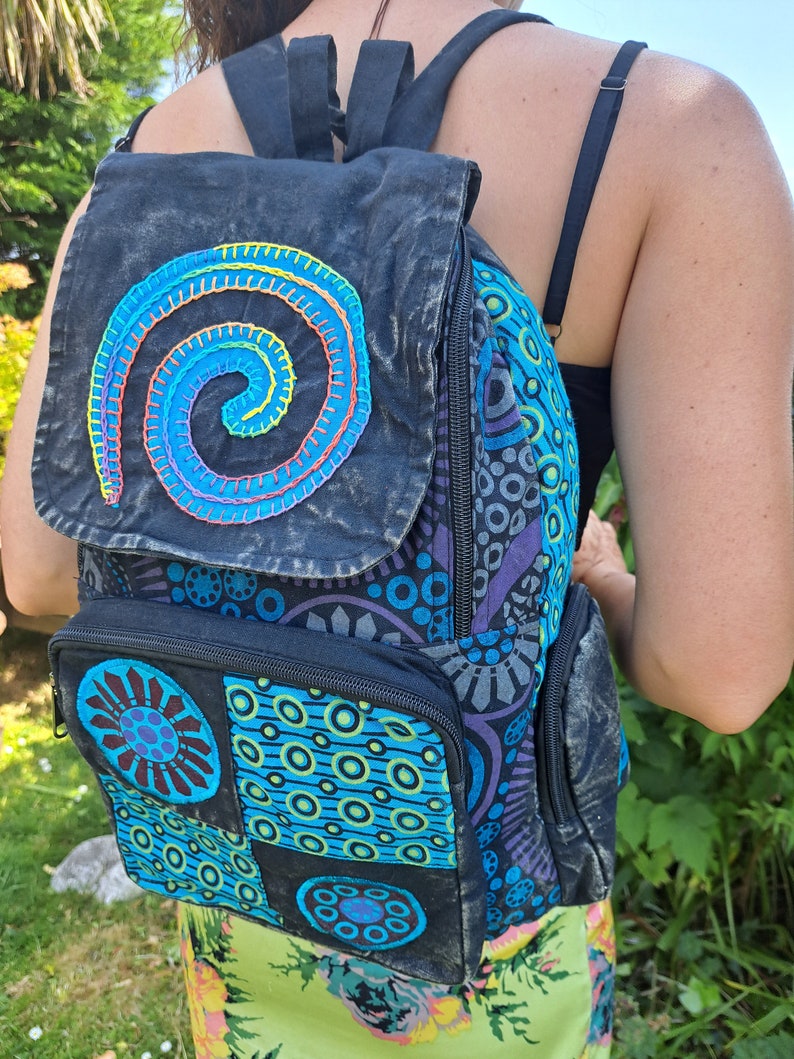 Spiral Patchwork Backpack, Cotton Stonewash Flower Rucksack, Hippy Bohemian, Pink Green Blue Purple image 1