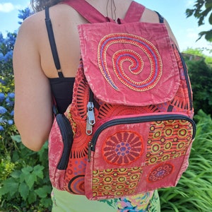 Spiral Patchwork Backpack, Cotton Stonewash Flower Rucksack, Hippy Bohemian, Pink Green Blue Purple Red