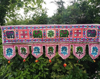 Handmade Floral And Elephant Runner Toran, Colourful Wall Hanging, Door Decor Curtain, Colourful Embroidered Tapestry, Hippie Boho Festival