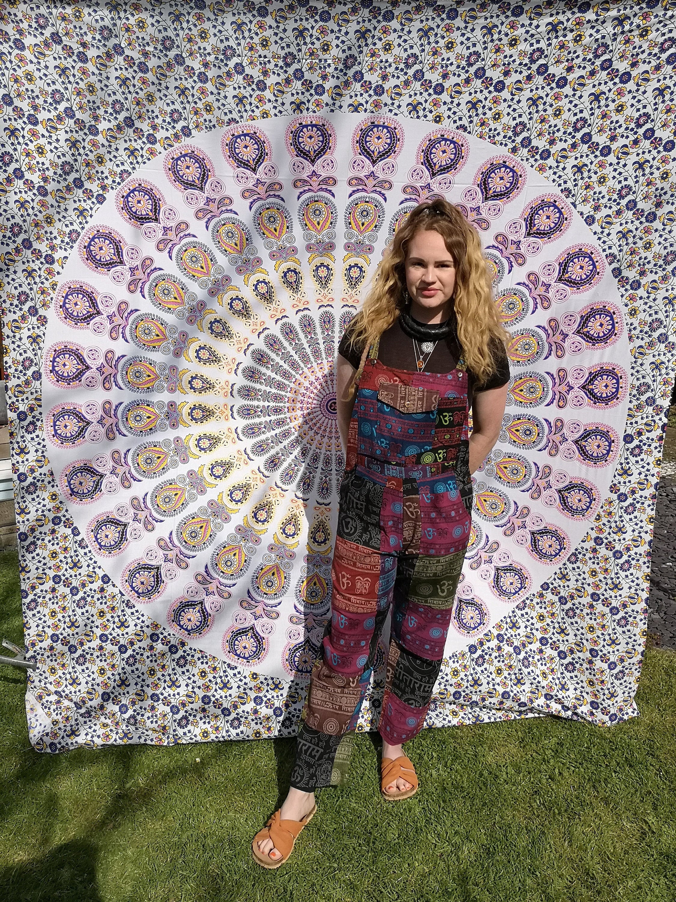 Image of Patchwork Cotton Dungarees Jumpsuit Overalls, Om Peace Mantra Symbols, Aztec Funky Festivals Hippy Boho, S/M L/xl