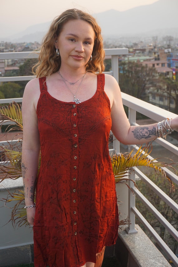 Embroidered Indian Short Dress | Hippie Boho Cover-Up | Size 8-14 | Blue Red Brown |