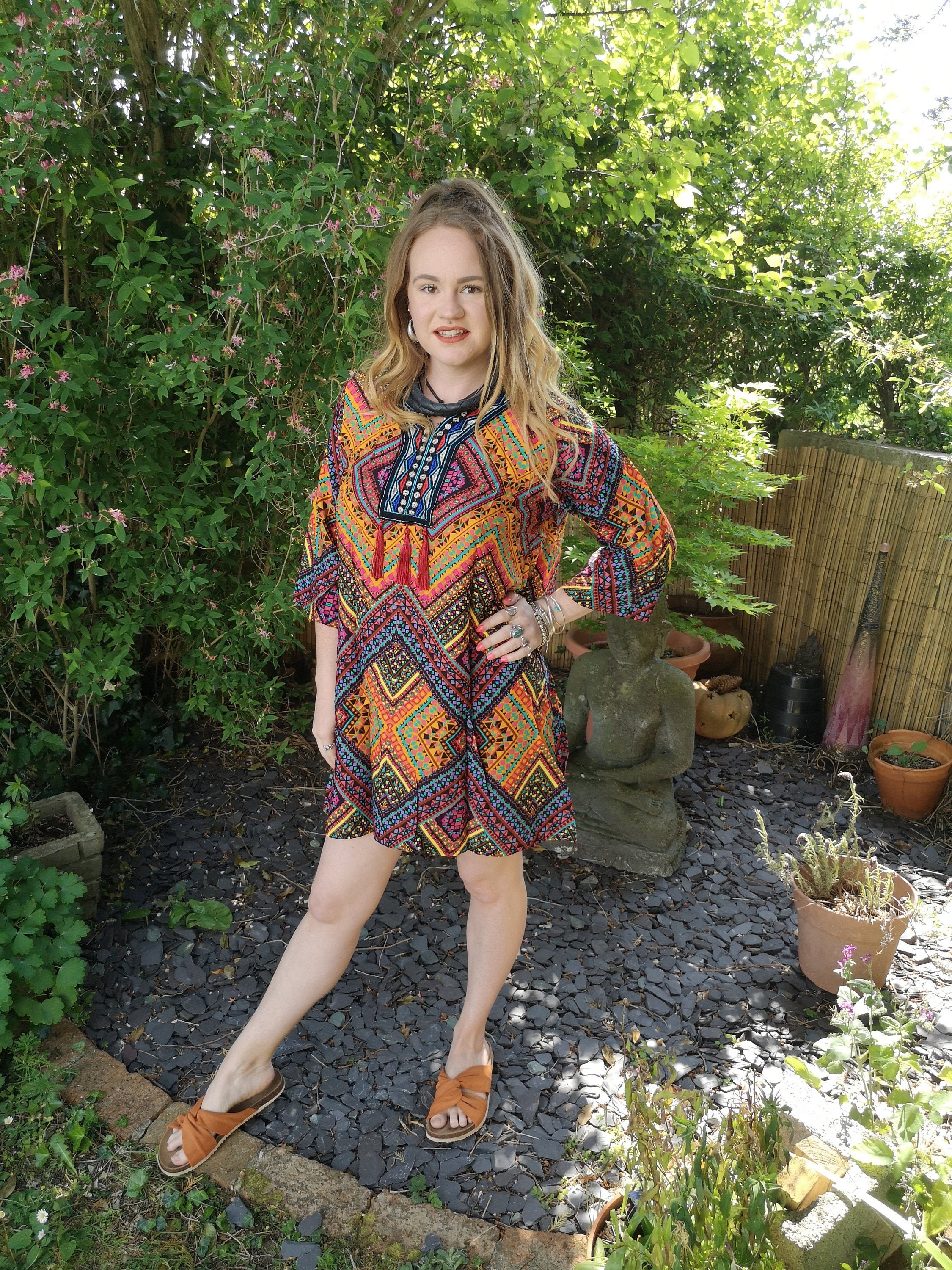 Image of Colourful Aztec Funky Kaftan Tunic Top, Floaty Loose Cool Rainbow Dress, One Size   , Hippy Boho Festival