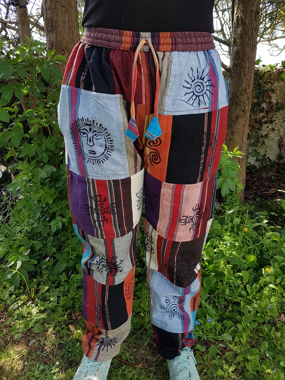 Block Print Symbols Women/'s Heavy Cotton Patchwork Trousers Hippy Boho Men
