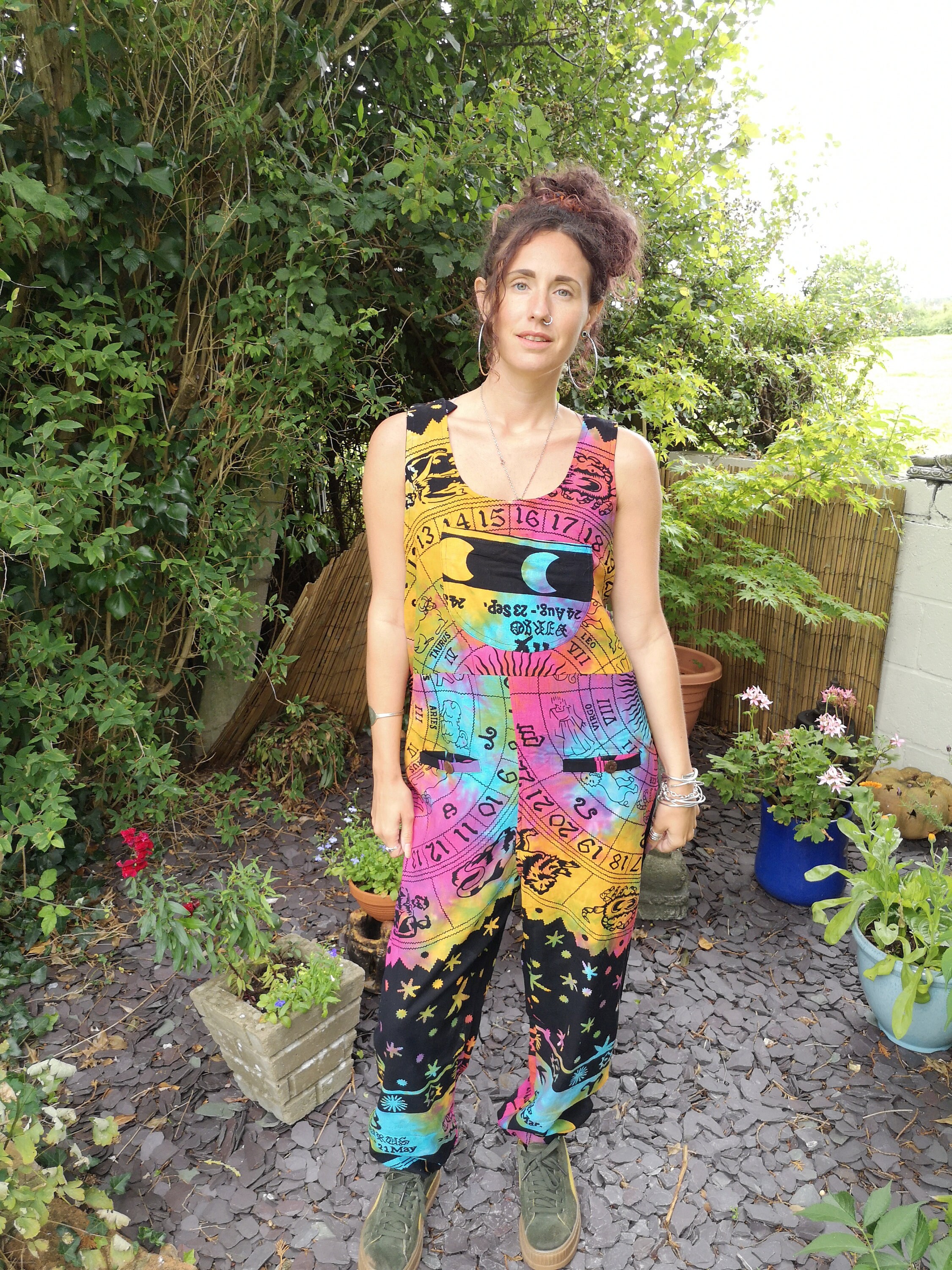Image of Black + Rainbow Astrology Zodiac Celestial Trousers, Festival Dungarees Overalls,      Hippie Boho Comfty Crazy Jumpsuit