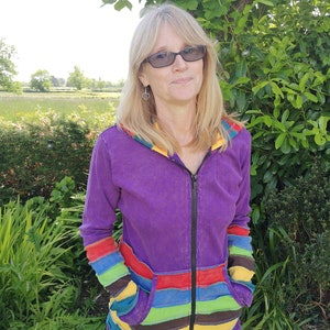 Colourful Stonewsh Rainbow Multicolour Hoodies, Pixie Hood, Hoody Zip Up Jacket Hoodie, Hippy Boho Funky, Black Purple Blue image 7