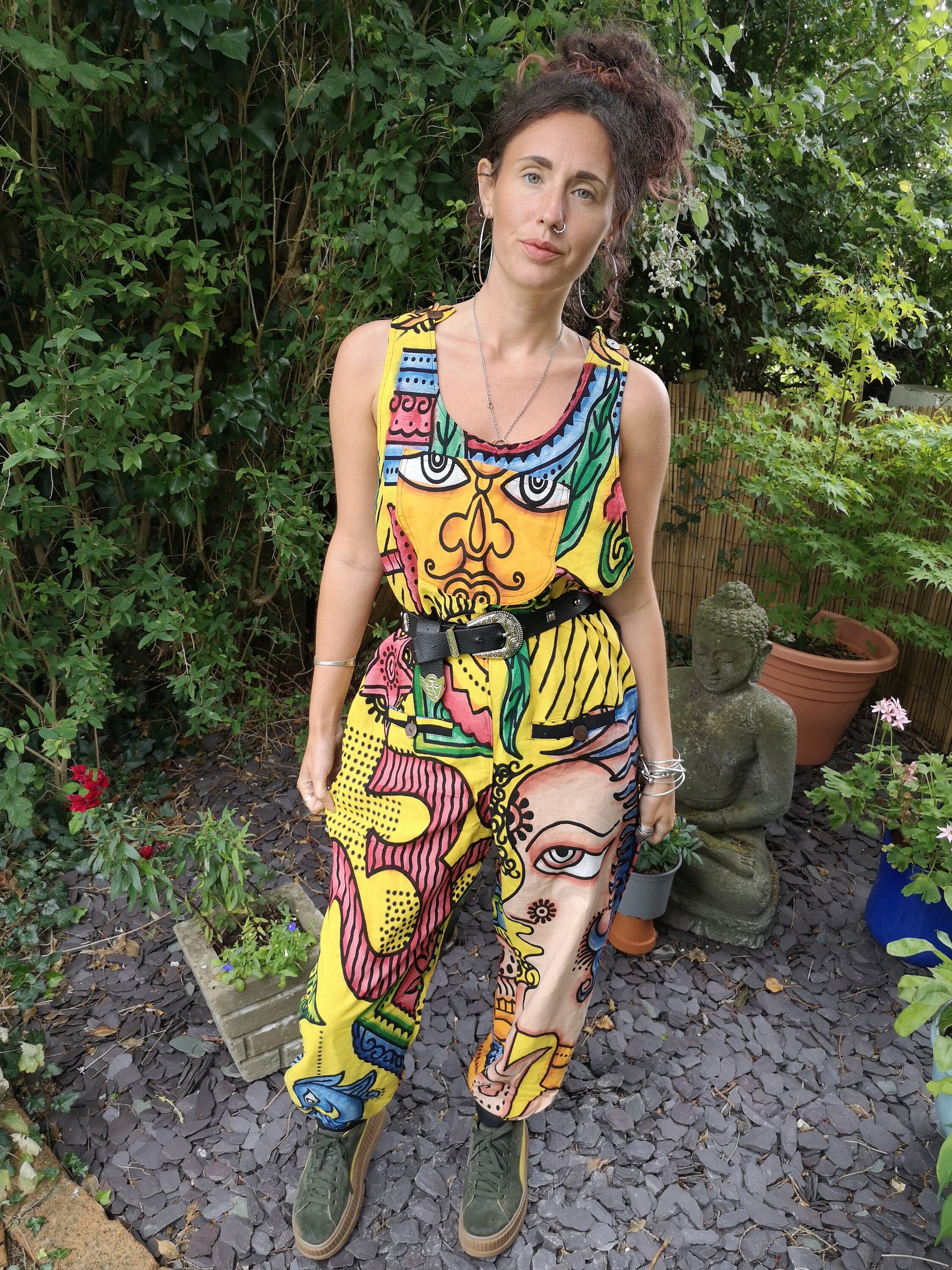 Image of Funky Colourful Unisex Om Sun Moon Festival Dungarees, Rainbow Abstract Print Overalls,      Hippie Boho Comfty Crazy Jumpsuit